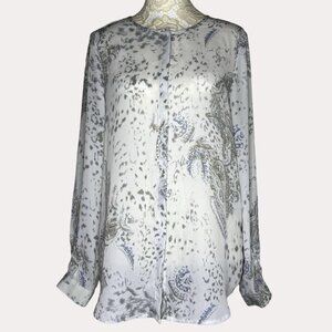 Belissimo Sheer Chiffon Blouse Top Paisley Cream Gray Blue S